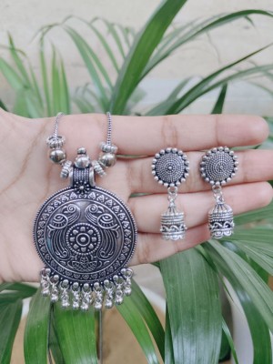 Peacock Bird Designer Round Pendent Oxidized Silver Necklace Chain with Jhumki Set