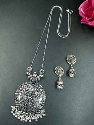 Peacock Bird Designer Round Pendent Oxidized Silver Necklace Chain with Jhumki Set