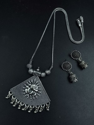 Lord Ganesha Designer Pendent Silver Oxidized Necklace Chain with Jhumki Set