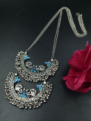 Silver Plated Ghungroo Peacock Designer Long Two Layer Necklace Jewellery