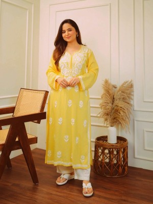 Yellow Floral Chikankari Embroidered Straight Kurti Pant Set Cotton Salwar Kameez for Women