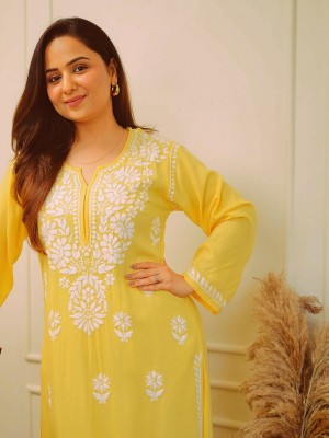 Yellow Floral Chikankari Embroidered Straight Kurti Pant Set Cotton Salwar Kameez for Women