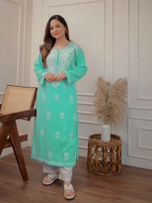 Aqua Floral Chikankari Embroidered Straight Cotton Kurti Pant Set Salwar Kameez for Women