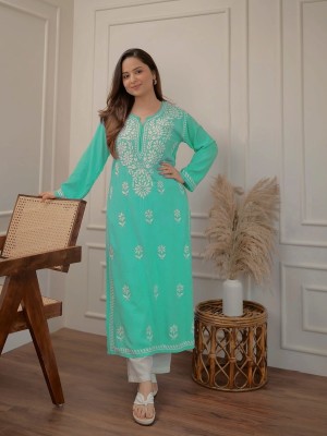 Aqua Floral Chikankari Embroidered Straight Cotton Kurti Pant Set Salwar Kameez for Women