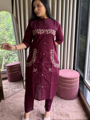 Wine Beautiful Embroidery A-Line Cotton Kurti Pant Co-Ord Set Salwar Kameez For Women - Set Of 2