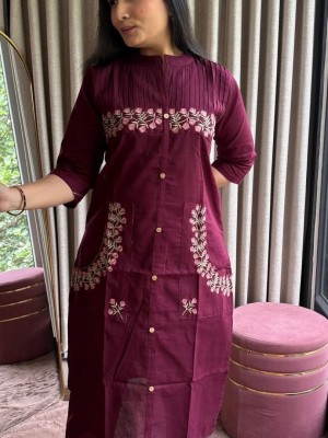 Wine Beautiful Embroidery A-Line Cotton Kurti Pant Co-Ord Set Salwar Kameez For Women - Set Of 2