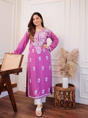 Purple Floral Chikankari Embroidered Straight Cotton Kurti Pant Set Salwar Kameez for Women