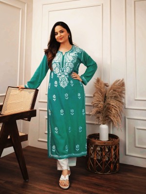 Green Floral Chikankari Embroidered Straight Cotton Kurti Pant Set Salwar Kameez for Women