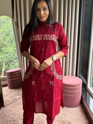 Red Beautiful Embroidery A-Line Cotton Kurti Pant Co-Ord Set Salwar Kameez For Women - Set Of 2