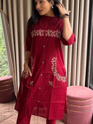 Red Beautiful Embroidery A-Line Cotton Kurti Pant Co-Ord Set Salwar Kameez For Women - Set Of 2