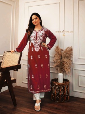 Maroon Floral Chikankari Embroidered Straight Cotton Kurti Pant Set Salwar Kameez for Women