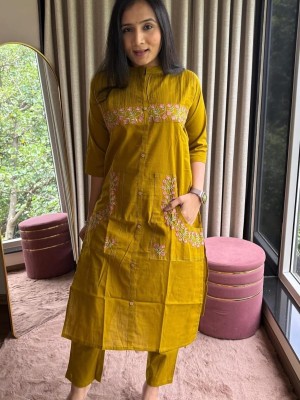 Mustard Yellow Beautiful Embroidery A-Line Cotton Kurti Pant Co-Ord Set Salwar Kameez For Women - Set Of 2