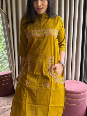 Mustard Yellow Beautiful Embroidery A-Line Cotton Kurti Pant Co-Ord Set Salwar Kameez For Women - Set Of 2