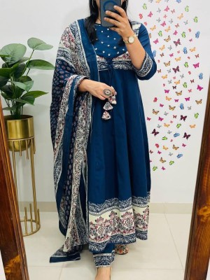 Blue Anarkali Choli Pattern Front Dori With Heavy Tassels Cotton Kurti Pant Dupatta Salwar Kameez For Women