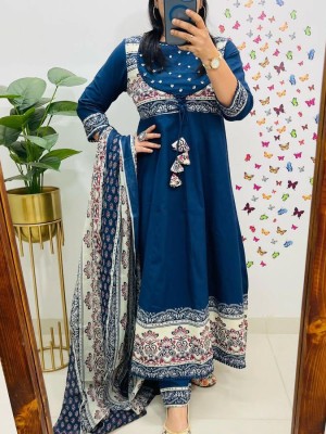 Blue Anarkali Choli Pattern Front Dori With Heavy Tassels Cotton Kurti Pant Dupatta Salwar Kameez For Women