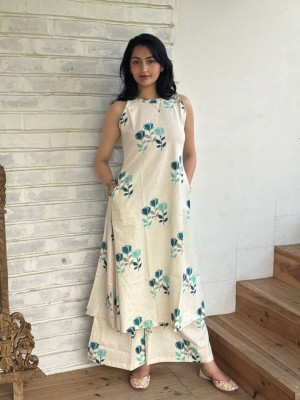 Naysa Beige Floral Printed Sleeveless Cotton Salwar Kameez Kurti Pant Co Ord Set for Women
