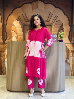 Pink Tye Dye Print Indian Cotton Salwar Kameez Kurti Pant Summer Co Ord Set for Women (Set of 2)