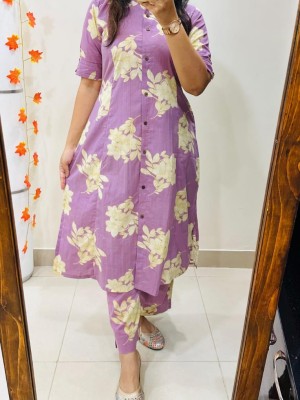 Purple Floral Printed Indian A-Line Cotton Salwar Kameez Kurti Pant Co Ord Set for Women (Set of 2)