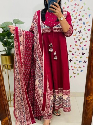 Red Anarkali Choli Pattern Front Dori With Heavy Tassels Cotton Kurti Pant Dupatta Salwar Kameez For Women