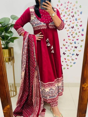 Red Anarkali Choli Pattern Front Dori With Heavy Tassels Cotton Kurti Pant Dupatta Salwar Kameez For Women