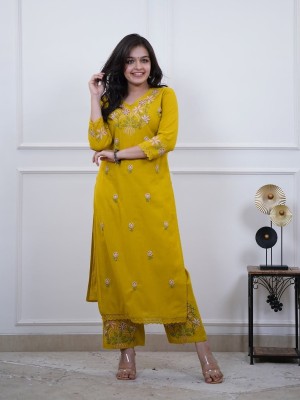 Yellow Pure Cotton Slub Fully Embroidery A-Line Cotton Kurti Pant Co-Ord Set Salwar Kameez For Women - Set Of 2