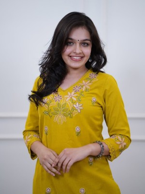 Yellow Pure Cotton Slub Fully Embroidery A-Line Cotton Kurti Pant Co-Ord Set Salwar Kameez For Women - Set Of 2