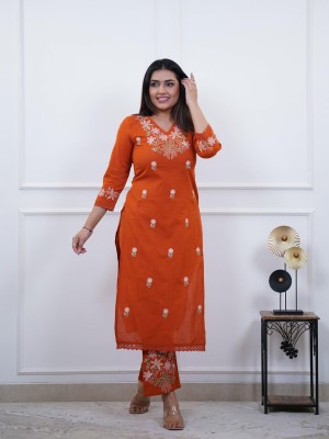 Orange Pure Cotton Slub Fully Embroidery A-Line Cotton Kurti Pant Co-Ord Set Salwar Kameez For Women - Set Of 2