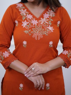 Orange Pure Cotton Slub Fully Embroidery A-Line Cotton Kurti Pant Co-Ord Set Salwar Kameez For Women - Set Of 2