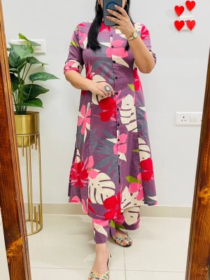 Purple Floral Printed Indian A-Line Cotton Salwar Kameez Kurti Pant Co Ord Set for Women (Set of 2)