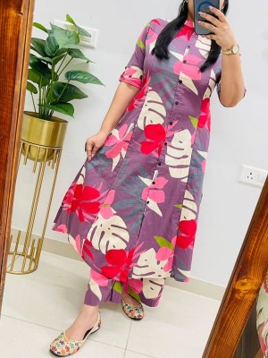 Purple Floral Printed Indian A-Line Cotton Salwar Kameez Kurti Pant Co Ord Set for Women (Set of 2)