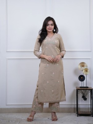 Grey Pure Cotton Slub Fully Embroidery A-Line V Neck Kurti Pant Co-Ord Set Salwar Kameez For Women - Set Of 2