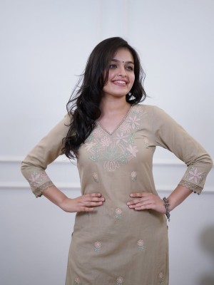 Grey Pure Cotton Slub Fully Embroidery A-Line V Neck Kurti Pant Co-Ord Set Salwar Kameez For Women - Set Of 2