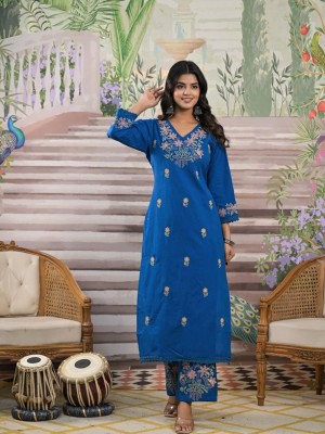 Blue Pure Cotton Slub Fully Embroidery A-Line V Neck Kurti Pant Co-Ord Set Salwar Kameez For Women - Set Of 2