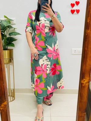 Pink Floral Printed Indian A-Line Cotton Salwar Kameez Kurti Pant Co Ord Set for Women (Set of 2)