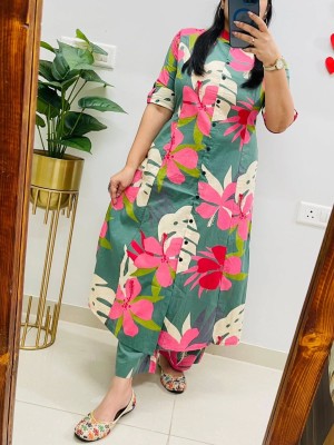 Pink Floral Printed Indian A-Line Cotton Salwar Kameez Kurti Pant Co Ord Set for Women (Set of 2)