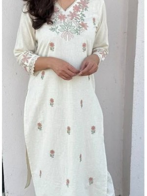 White Pure Cotton Slub Fully Embroidery A-Line V Neck Kurti Pant Co-Ord Set Salwar Kameez For Women - Set Of 2