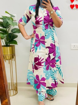 Blue Floral Printed Indian A-Line Cotton Salwar Kameez Kurti Pant Co Ord Set for Women (Set of 2)