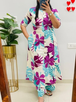 Blue Floral Printed Indian A-Line Cotton Salwar Kameez Kurti Pant Co Ord Set for Women (Set of 2)