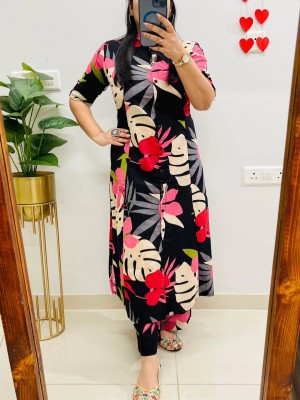 Black Floral Printed Indian A-Line Cotton Salwar Kameez Kurti Pant Co Ord Set for Women (Set of 2)