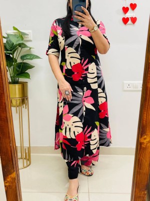 Black Floral Printed Indian A-Line Cotton Salwar Kameez Kurti Pant Co Ord Set for Women (Set of 2)