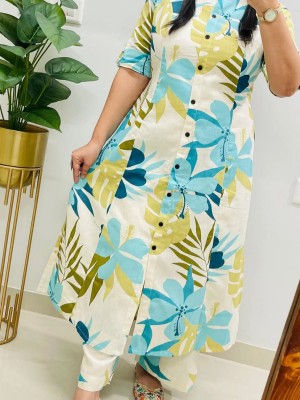 Multi Floral Printed Indian A-Line Cotton Salwar Kameez Kurti Pant Co Ord Set for Women (Set of 2)