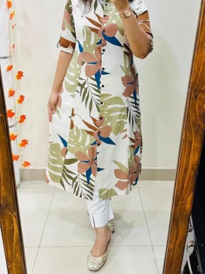 Green Floral Printed Indian A-Line Cotton Salwar Kameez Kurti Pant Co Ord Set for Women (Set of 2)