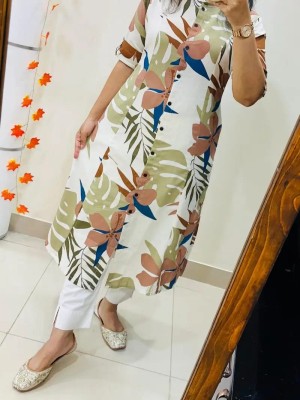 Green Floral Printed Indian A-Line Cotton Salwar Kameez Kurti Pant Co Ord Set for Women (Set of 2)