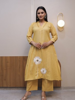 Yellow Cotton Embroidery Flaired Cotton Kurti Pant Co-Ord Set Salwar Kameez For Women - Set Of 2