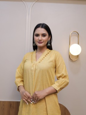 Yellow Cotton Embroidery Flaired Cotton Kurti Pant Co-Ord Set Salwar Kameez For Women - Set Of 2