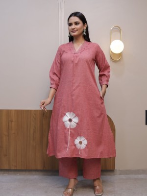 Pink Cotton Embroidery Flaired Cotton Kurti Pant Co-Ord Set Salwar Kameez For Women - Set Of 2