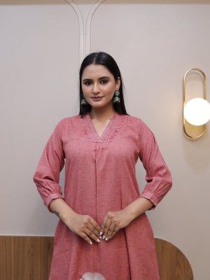 Pink Cotton Embroidery Flaired Cotton Kurti Pant Co-Ord Set Salwar Kameez For Women - Set Of 2