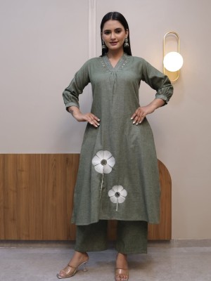Olive GreenCotton Embroidery Flaired Cotton Kurti Pant Co-Ord Set Salwar Kameez For Women - Set Of 2