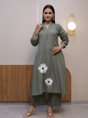 Olive GreenCotton Embroidery Flaired Cotton Kurti Pant Co-Ord Set Salwar Kameez For Women - Set Of 2