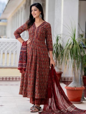 Red Sequence Work Flaired V-Neck Cotton Kurti Pant Dupatta Salwar Kameez For Women (Set Of 3)